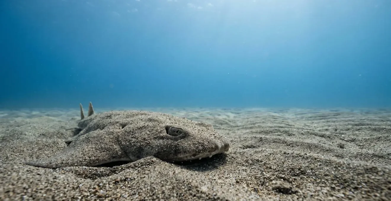 An angel shark partially buried in sandy seabed with only eyes visible, viewed from diver's low-angle perspective underwater