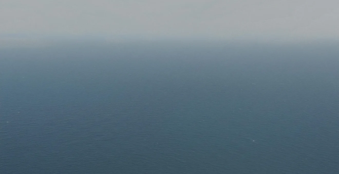 Wide oceanographic view showing Atlantic Ocean water layers with distinct temperature gradients and current patterns during winter season