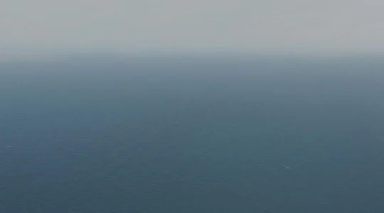 Wide oceanographic view showing Atlantic Ocean water layers with distinct temperature gradients and current patterns during winter season