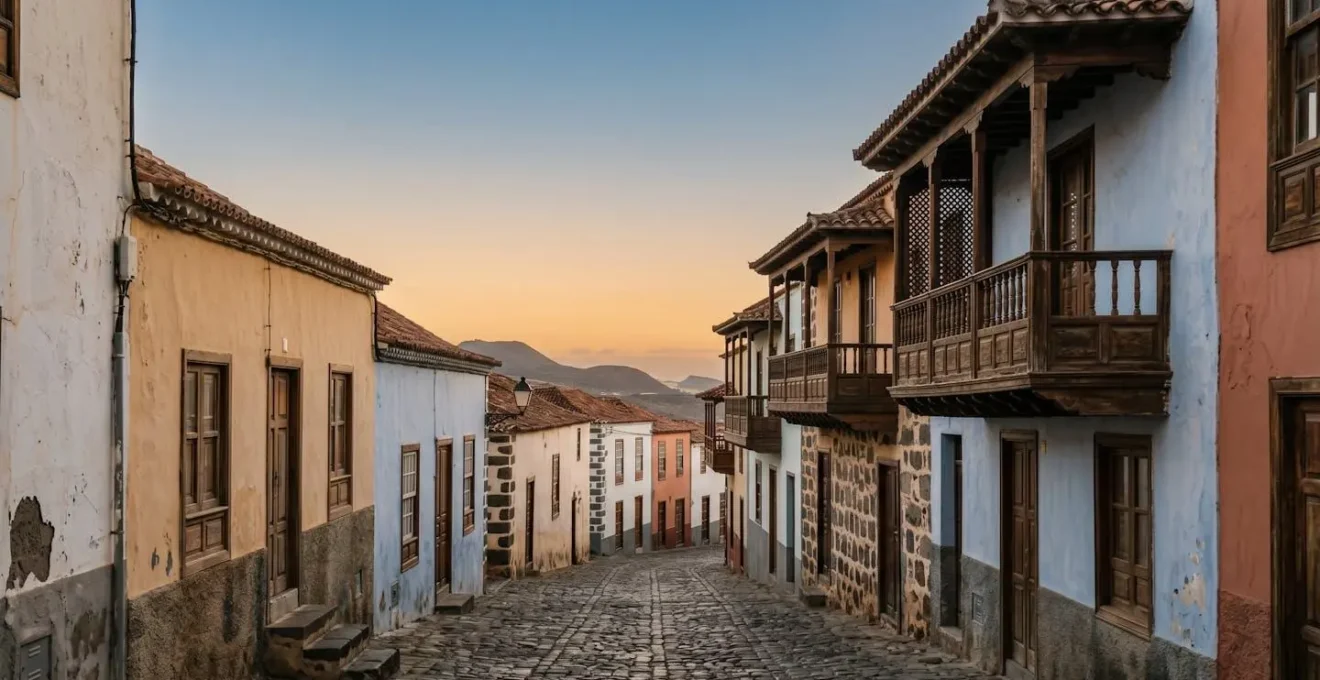 Narrow cobblestone street in traditional Canarian village at twilight with carved wooden balconies and whitewashed houses
