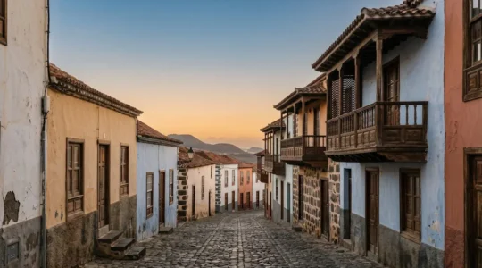 Narrow cobblestone street in traditional Canarian village at twilight with carved wooden balconies and whitewashed houses