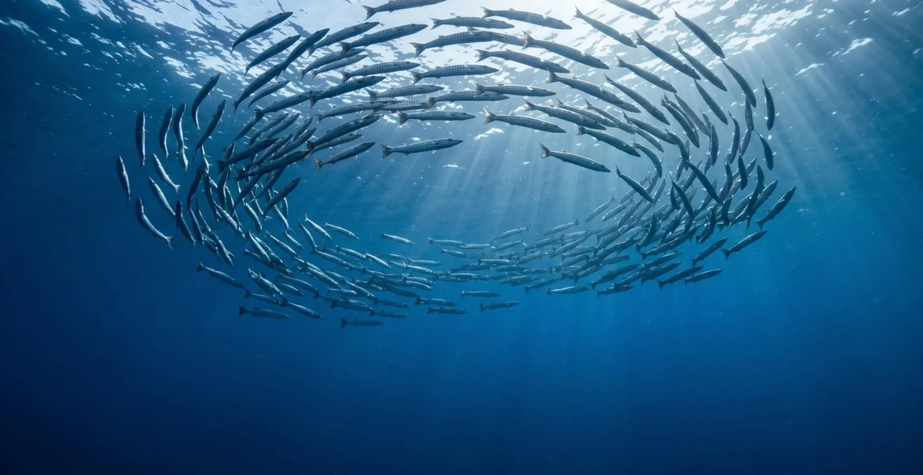 A vast school of barracuda swimming in formation through crystal-clear blue water, shot from below with sun rays penetrating the surface
