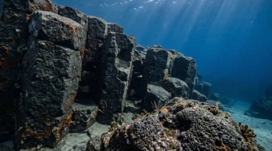 Dark basalt rock formations with intricate crevices harboring hidden marine life in dappled underwater light