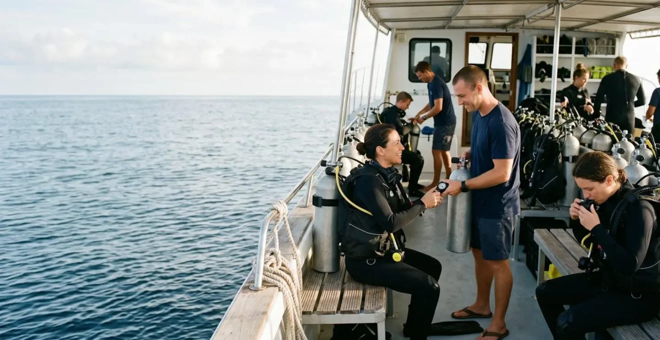 Professional dive boat crew member assisting diver with equipment in organized marine setting