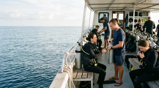 Professional dive boat crew member assisting diver with equipment in organized marine setting