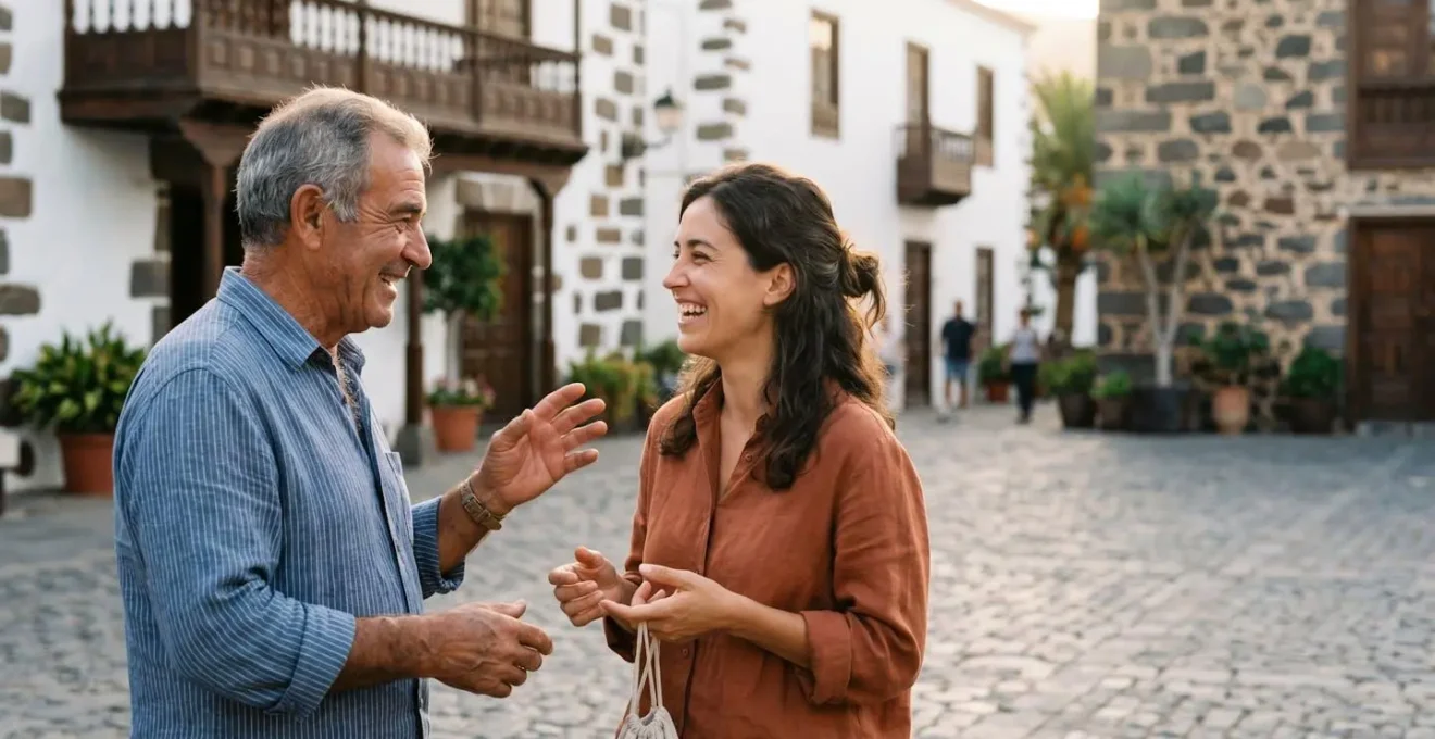 Warm interaction between a traveler and local Canarian resident in a traditional plaza setting