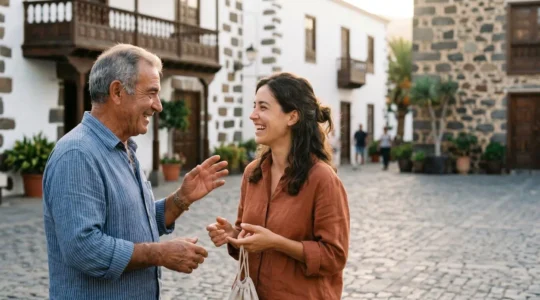 Warm interaction between a traveler and local Canarian resident in a traditional plaza setting
