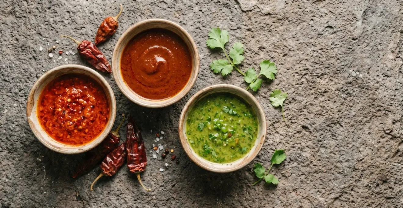 Assorted traditional Canarian mojo sauces in ceramic bowls showcasing color variations from vibrant red to bright green