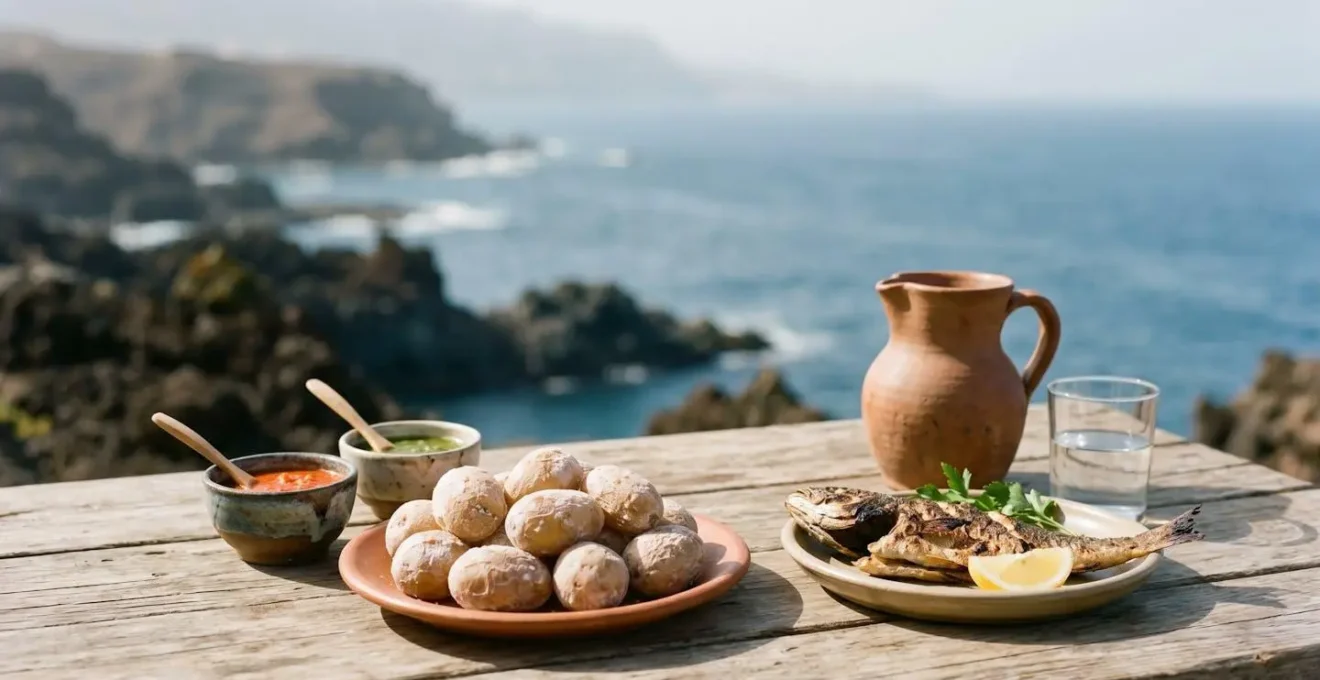 Traditional Canarian recovery meal with wrinkled potatoes and colorful mojo sauces arranged on rustic table