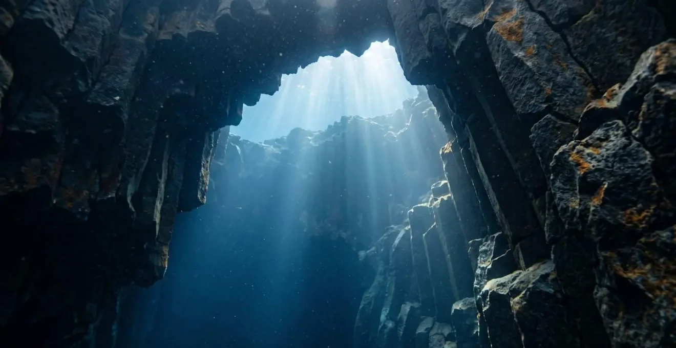 Underwater volcanic arch formation with dramatic light beams filtering through dark cathedral-like structure