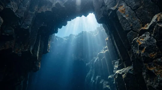 Underwater volcanic arch formation with dramatic light beams filtering through dark cathedral-like structure