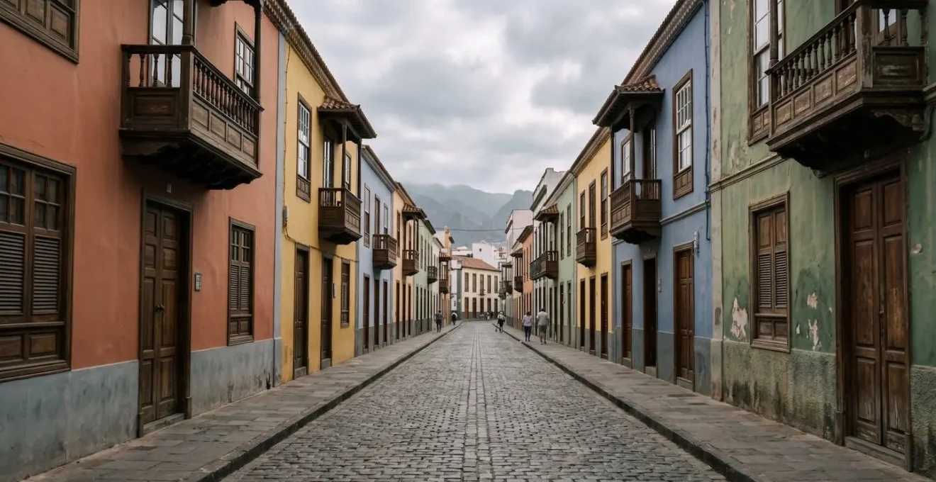Vibrant colonial facades with traditional wooden balconies in La Laguna's historic center, showcasing brilliant yellows, blues and terracotta hues