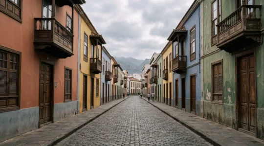 Vibrant colonial facades with traditional wooden balconies in La Laguna's historic center, showcasing brilliant yellows, blues and terracotta hues