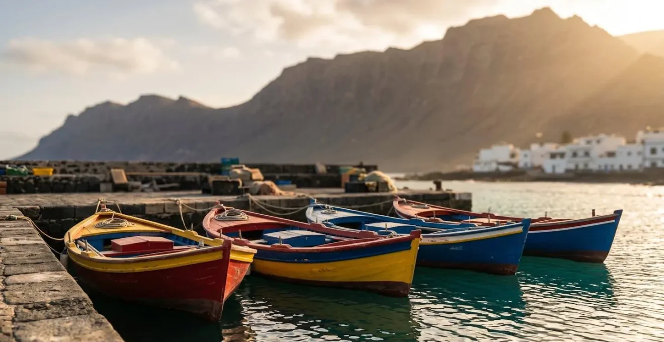 Traditional small fishing boats with vibrant painted hulls moored in a Canarian fishing village harbor at golden hour