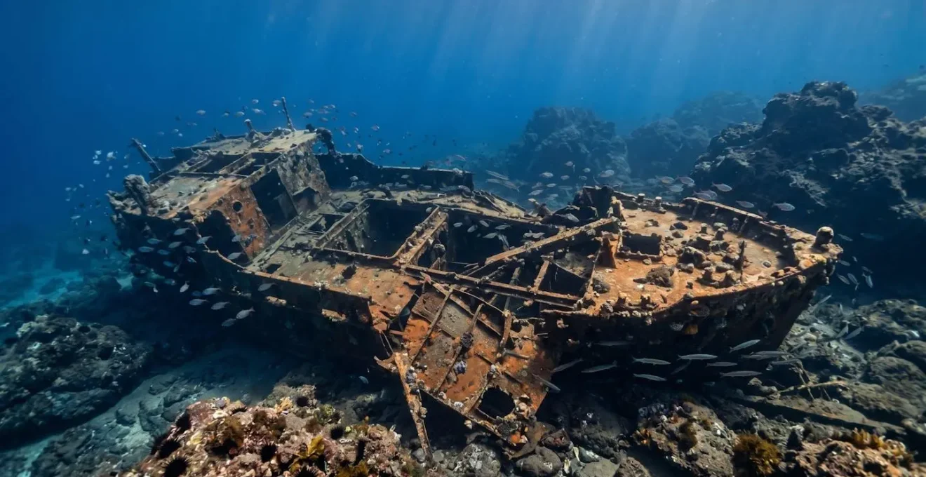 Deteriorating shipwreck structure partially collapsed on sandy seabed surrounded by marine life in shallow clear waters