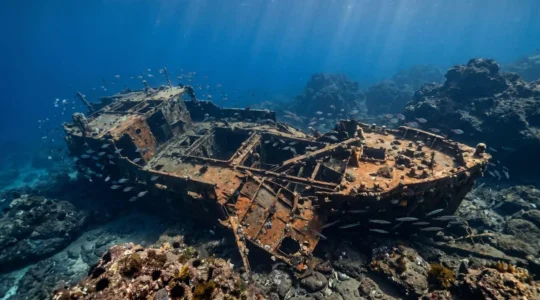 Deteriorating shipwreck structure partially collapsed on sandy seabed surrounded by marine life in shallow clear waters