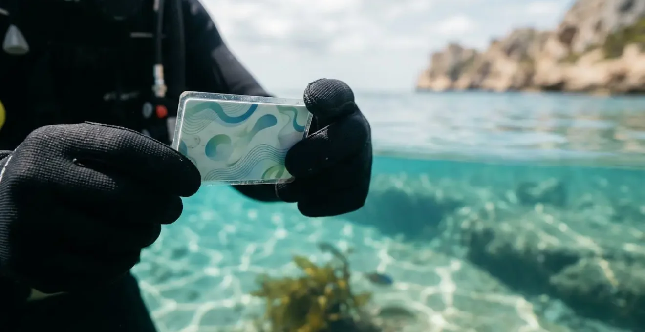 British diver reviewing insurance documents underwater with Spanish coastal scenery in background