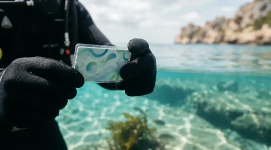 British diver reviewing insurance documents underwater with Spanish coastal scenery in background