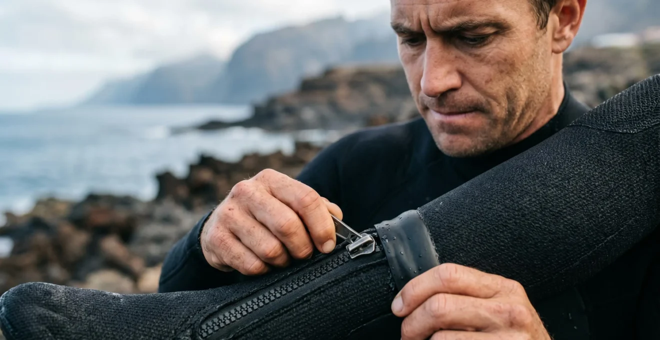 Diver preparing 7mm semi-dry wetsuit for winter diving in Tenerife
