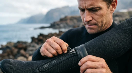 Diver preparing 7mm semi-dry wetsuit for winter diving in Tenerife