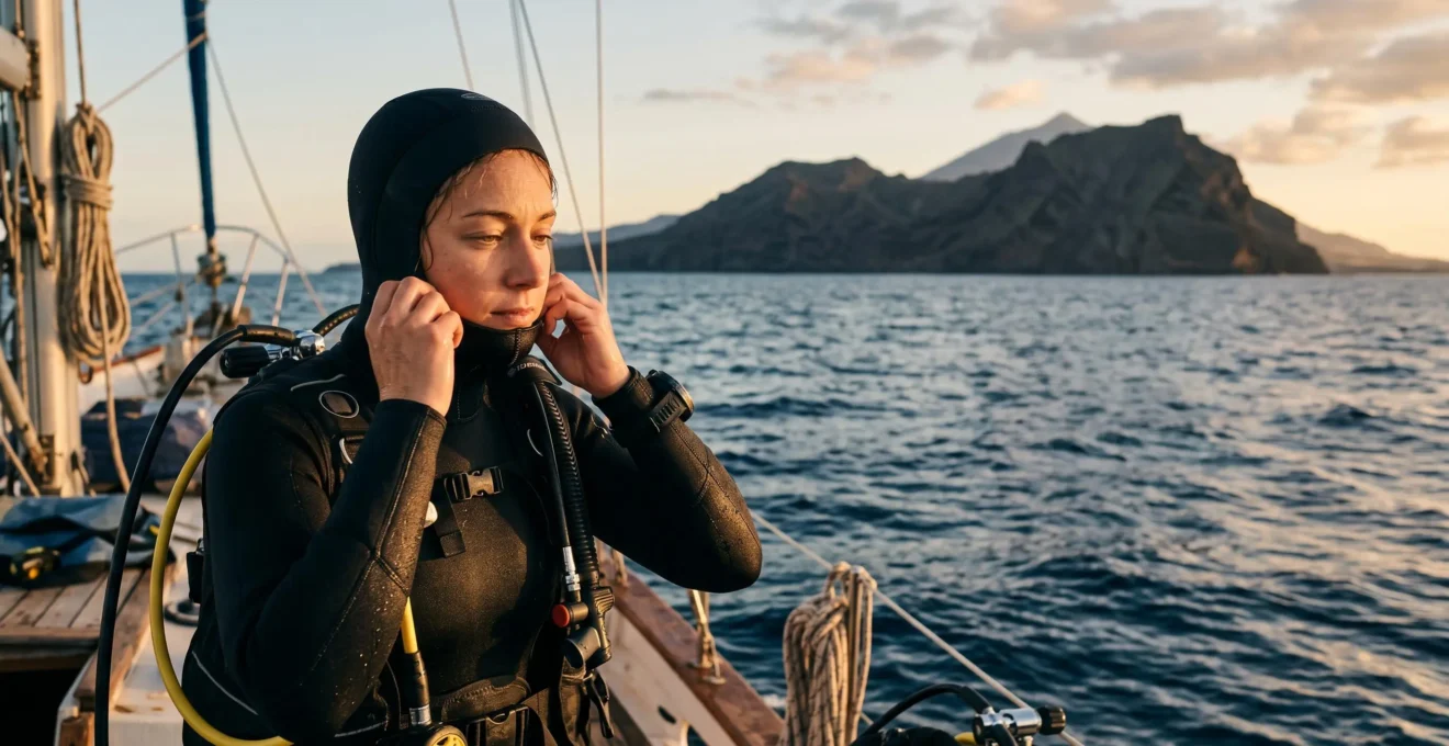 Scuba diver preparing diving hood before entering Atlantic Ocean waters in Tenerife