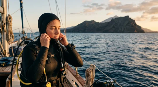 Scuba diver preparing diving hood before entering Atlantic Ocean waters in Tenerife