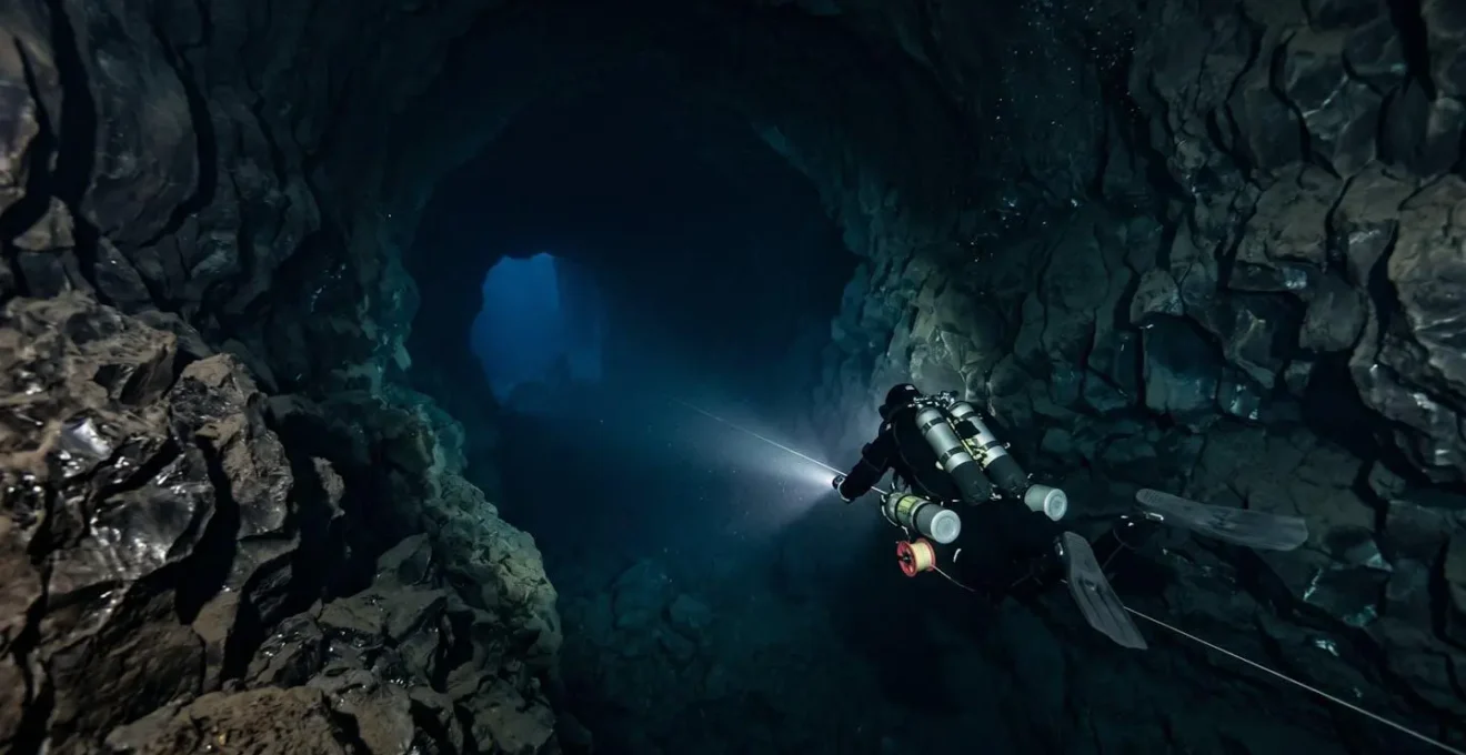 Scuba diver with powerful torch beam illuminating hexagonal basalt columns inside a submerged volcanic lava tube in Tenerife waters