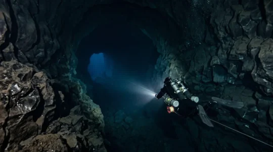 Scuba diver with powerful torch beam illuminating hexagonal basalt columns inside a submerged volcanic lava tube in Tenerife waters