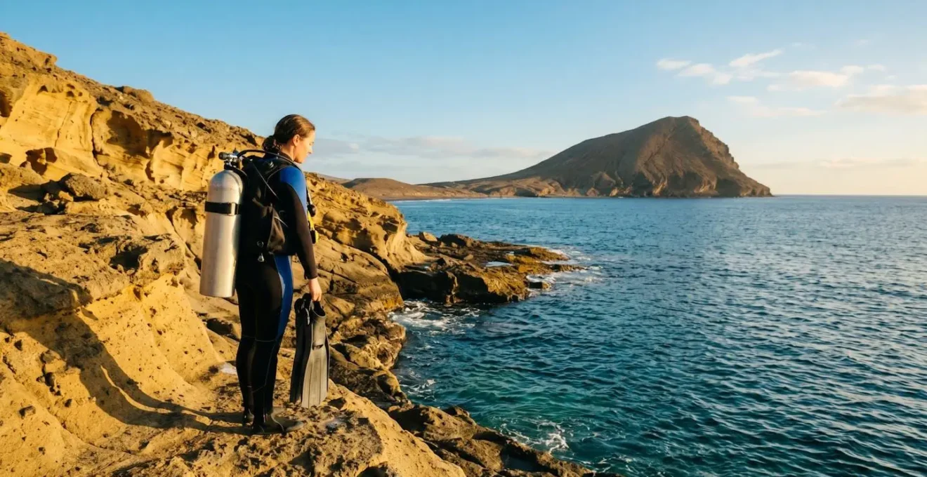 Independent diver entering volcanic rock shore at golden hour with dive gear at Montaña Amarilla Tenerife