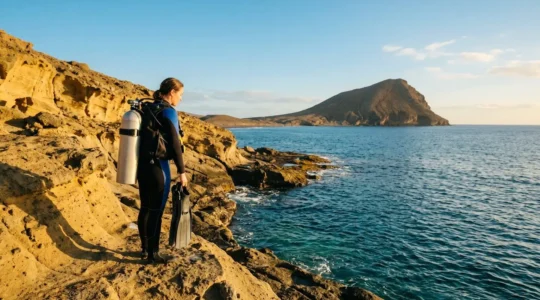 Independent diver entering volcanic rock shore at golden hour with dive gear at Montaña Amarilla Tenerife