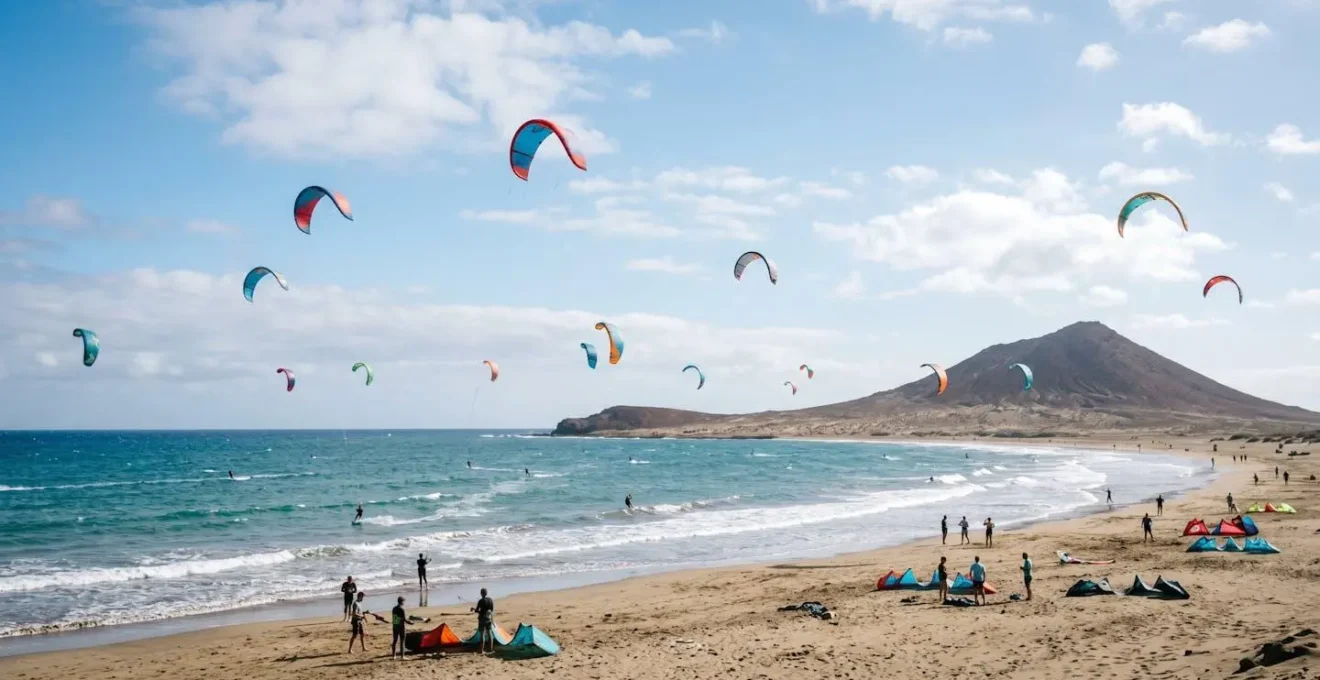 Wide panoramic view of El Médano bay with colorful kites in stable trade winds, volcanic Montaña Roja in background, sandy beach and turquoise waters ideal for beginner kitesurfers