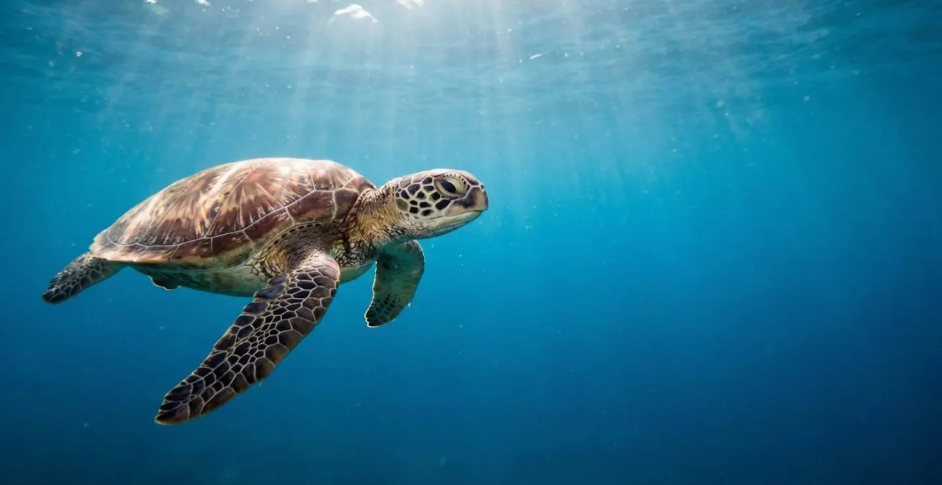 Green sea turtle swimming gracefully in clear blue water approaching the viewer in a natural marine environment