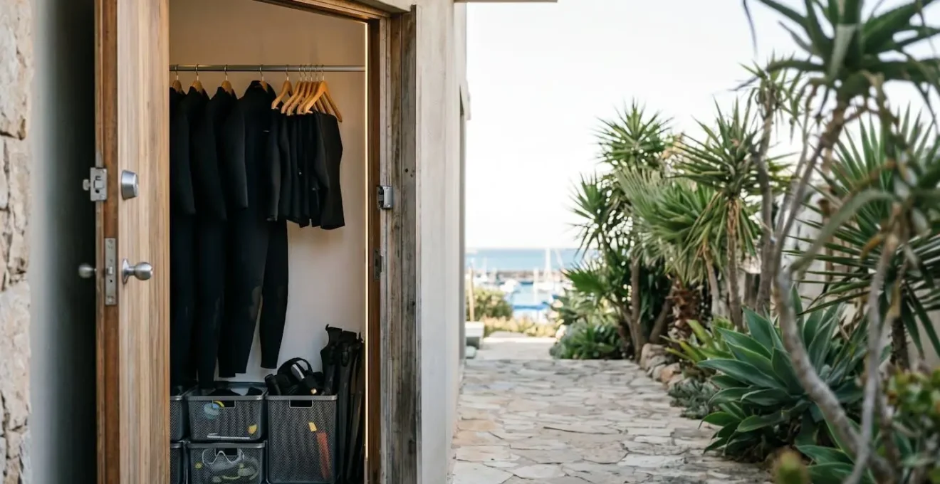 Ground floor apartment entrance with diving equipment storage area visible through open door, natural coastal environment