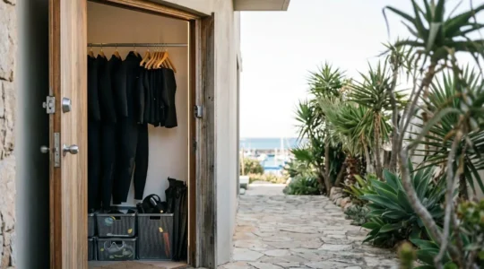 Ground floor apartment entrance with diving equipment storage area visible through open door, natural coastal environment