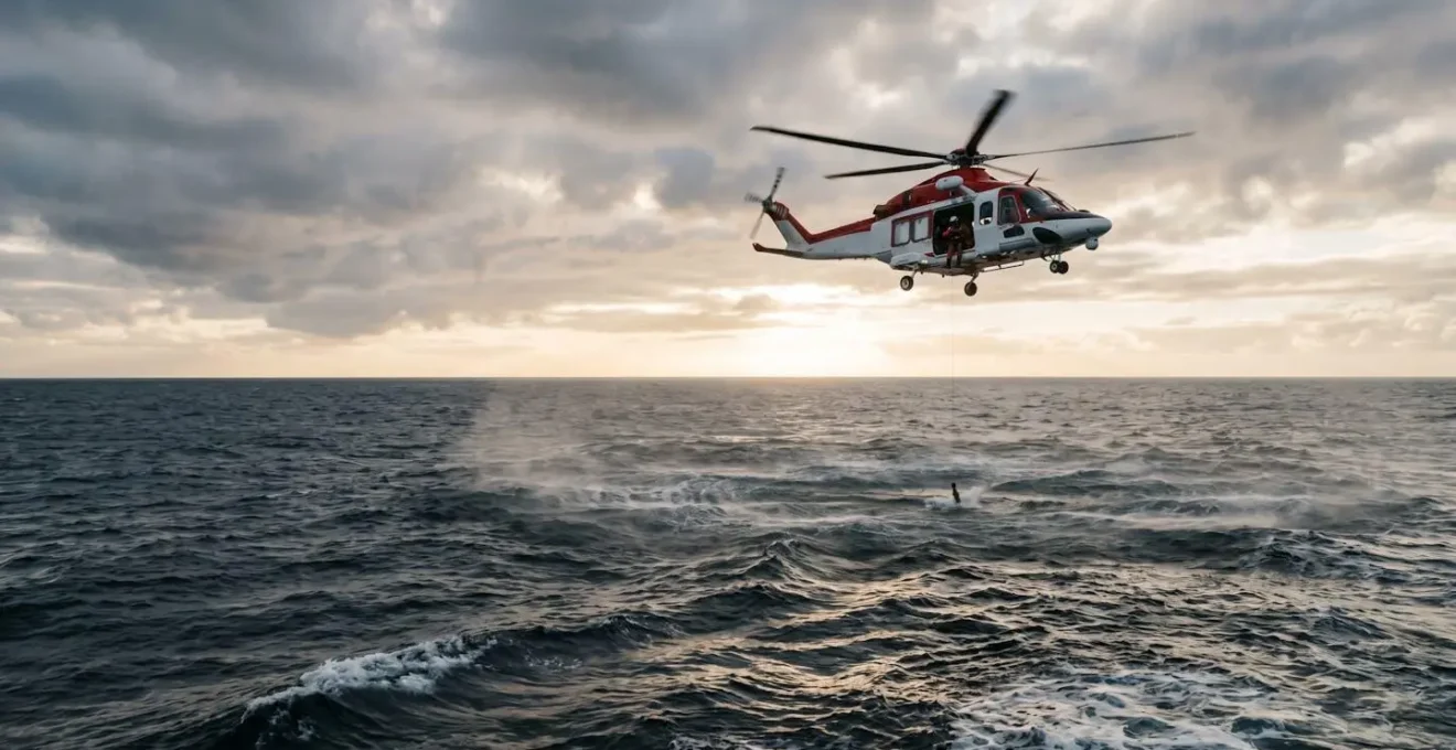 Maritime rescue helicopter hovering over ocean during medical evacuation mission