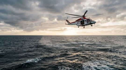 Maritime rescue helicopter hovering over ocean during medical evacuation mission