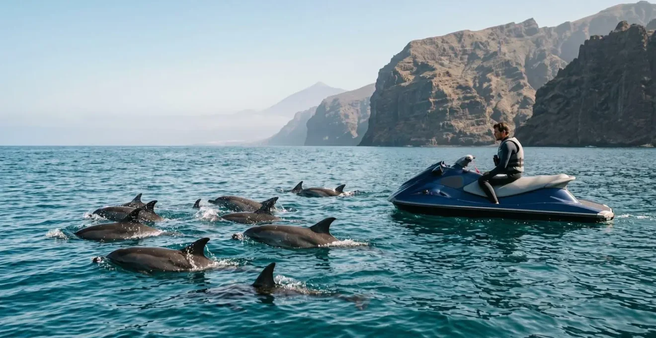 Jet ski rider maintaining respectful distance from dolphins in clear Tenerife waters with volcanic coastline