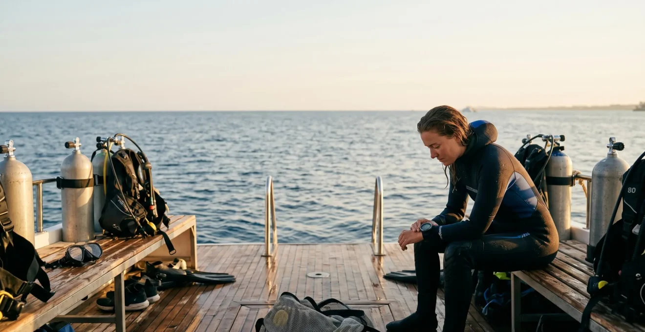 Scuba diver checking dive computer during multi-dive day while managing nitrogen levels safely underwater