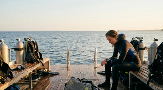 Scuba diver checking dive computer during multi-dive day while managing nitrogen levels safely underwater