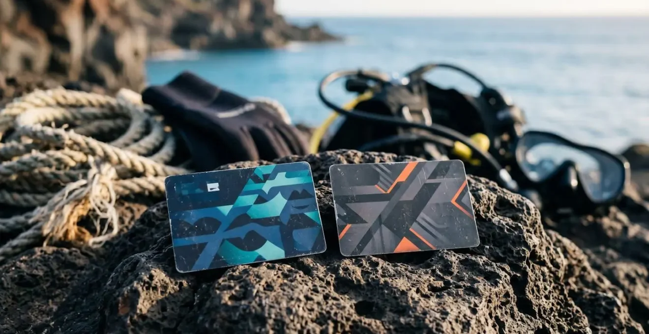 Diving certification cards arranged on volcanic rock with Tenerife coastal elements