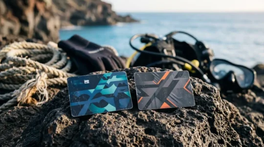 Diving certification cards arranged on volcanic rock with Tenerife coastal elements