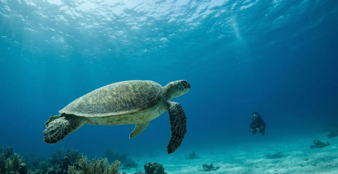 Underwater scene showing marine wildlife in their natural habitat with minimal human presence
