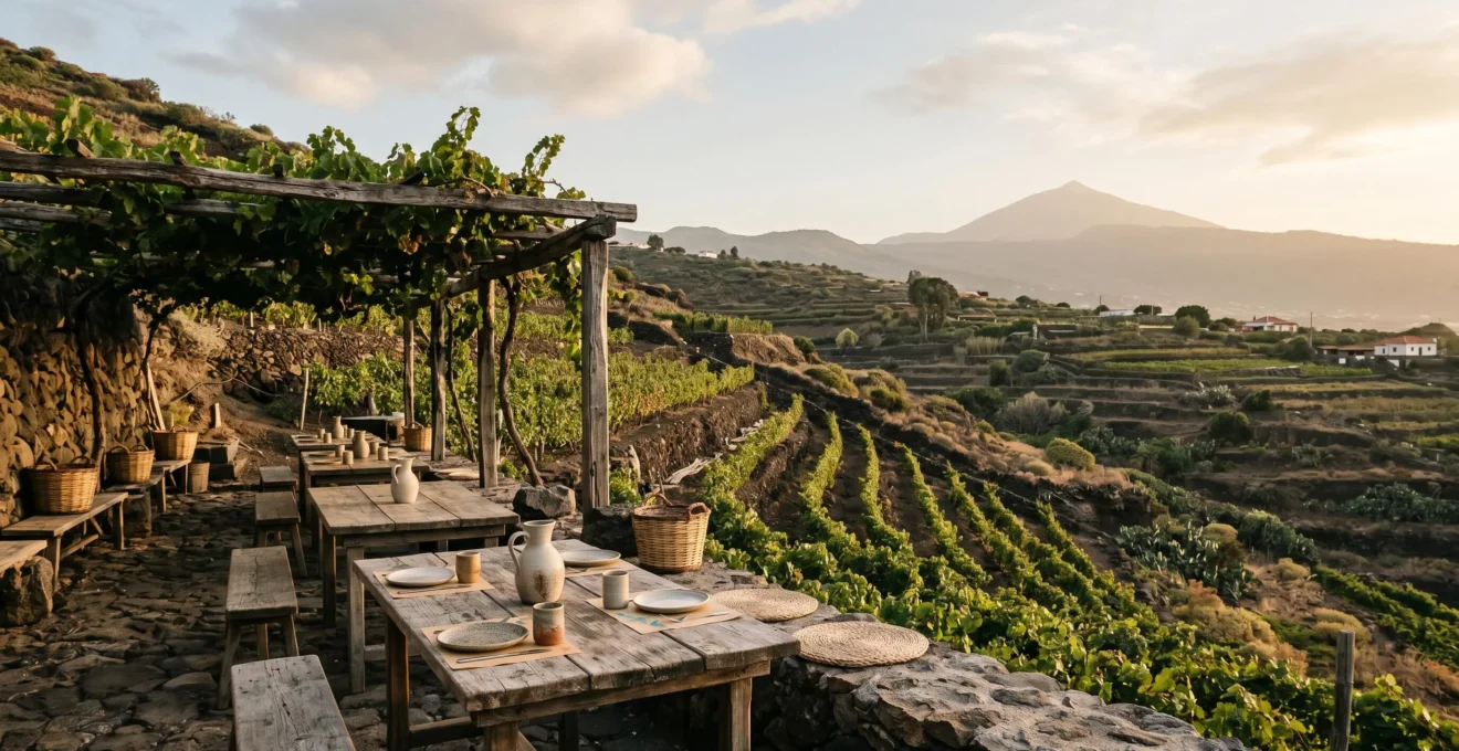 Traditional Canarian guachinche rustic dining setting with volcanic landscape backdrop