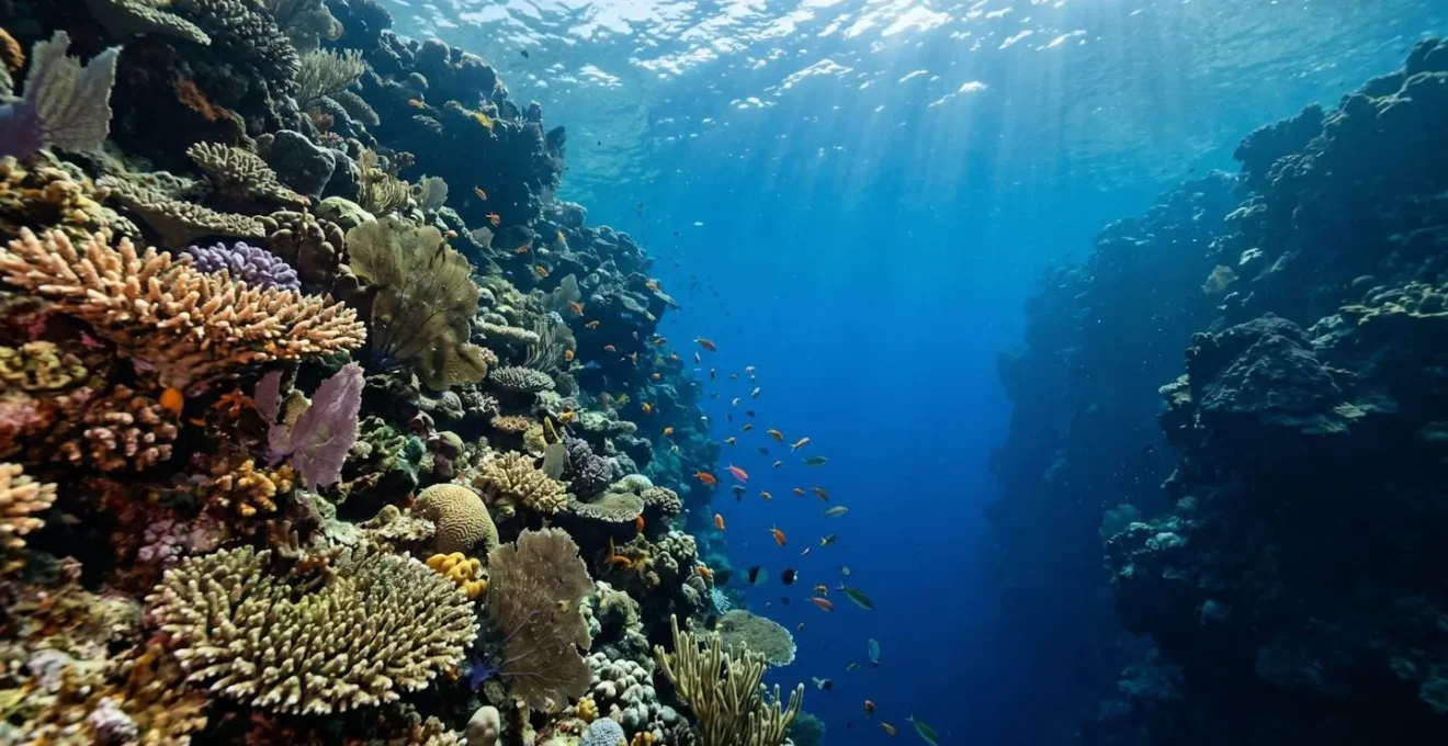 Pristine underwater reef scene with vibrant marine life and clear blue waters representing southern dive destinations