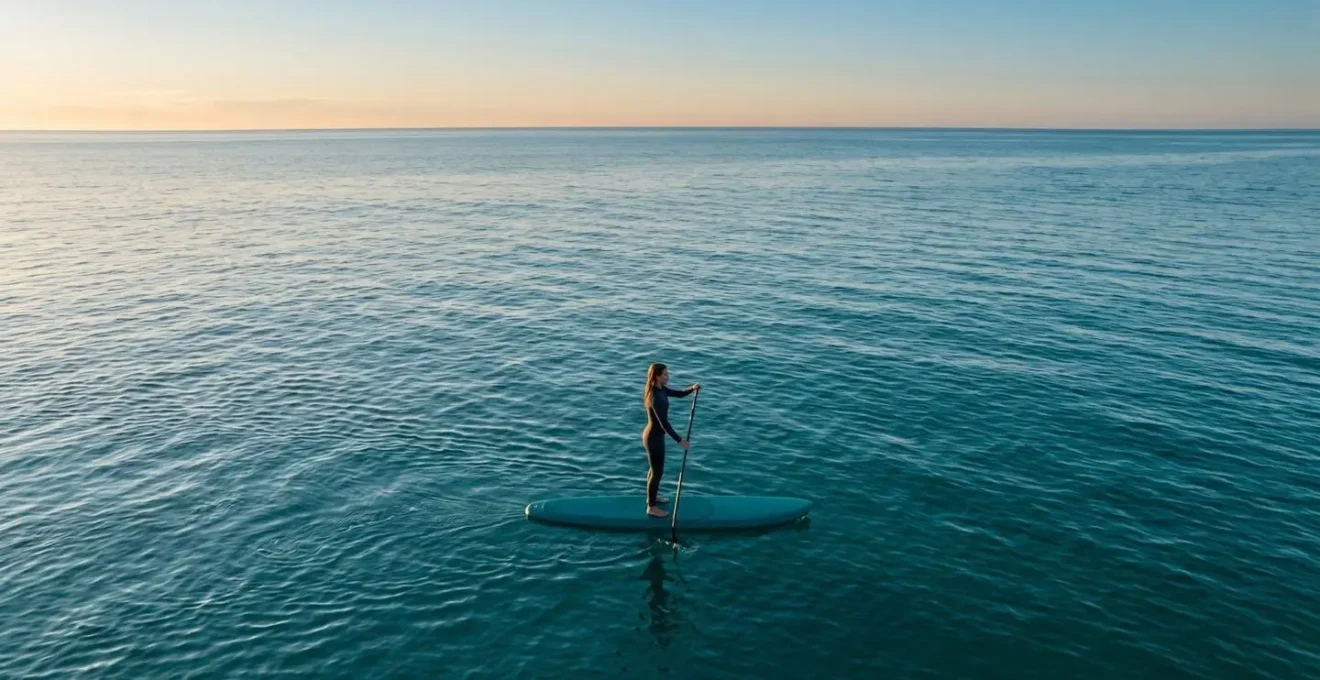 Stand-up paddleboarder maintaining perfect balance on calm water, demonstrating core stability for scuba diving training