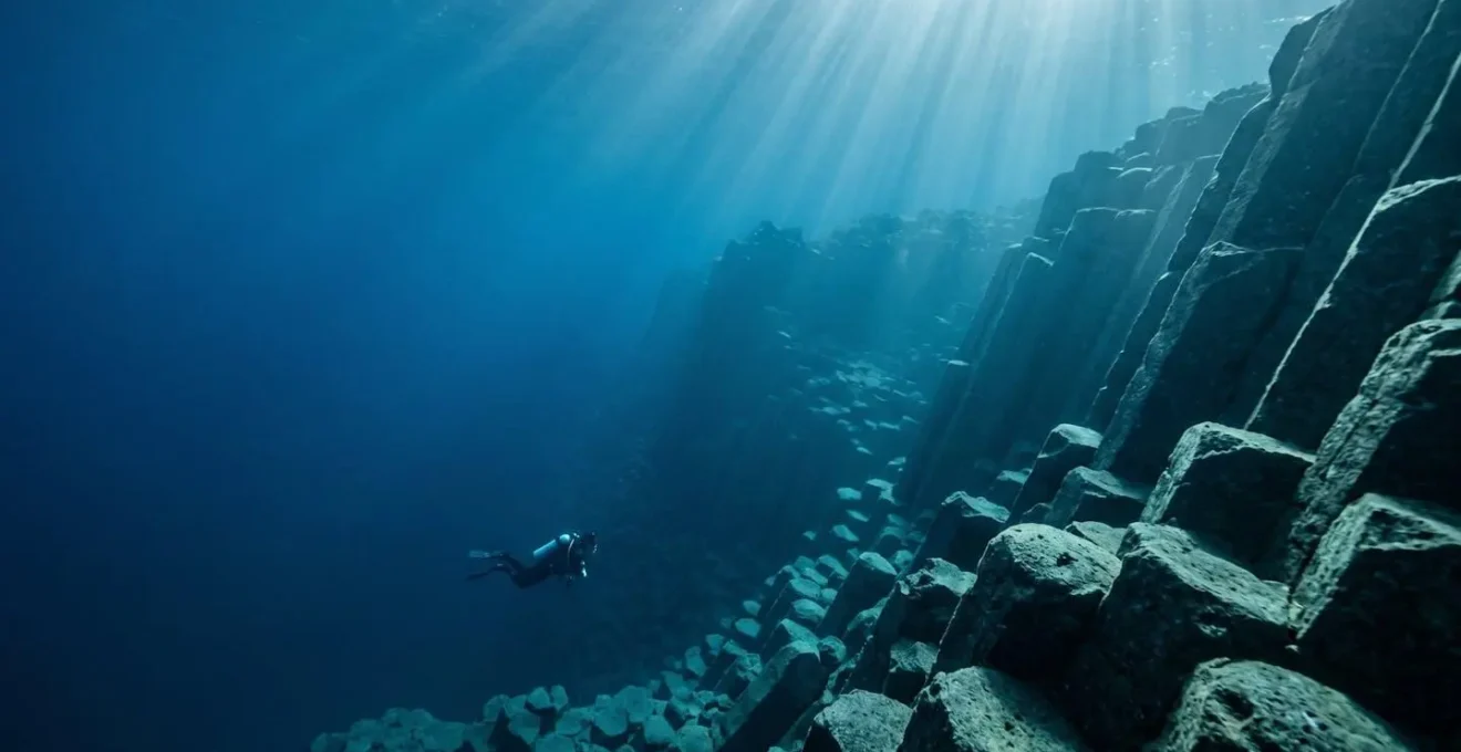 Wide-angle underwater view of a submarine amphitheater captured with natural sunlight showing dramatic scale and depth