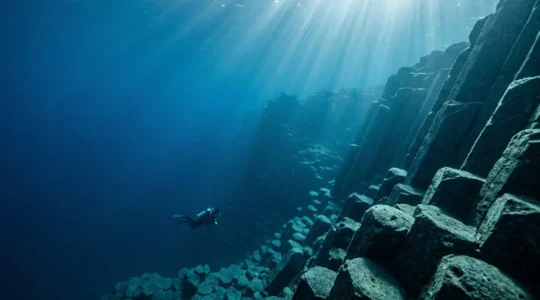 Wide-angle underwater view of a submarine amphitheater captured with natural sunlight showing dramatic scale and depth