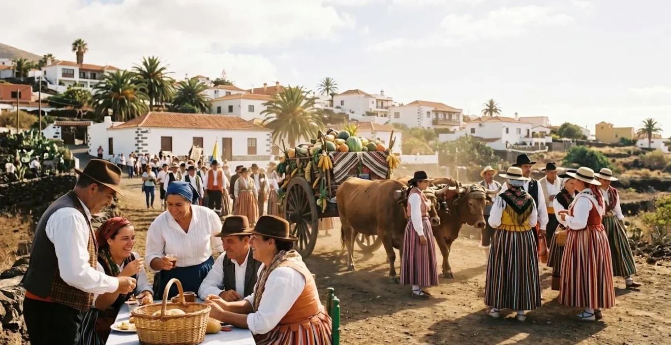 Vibrant Canarian romería pilgrimage celebration with decorated ox carts and traditional costumes