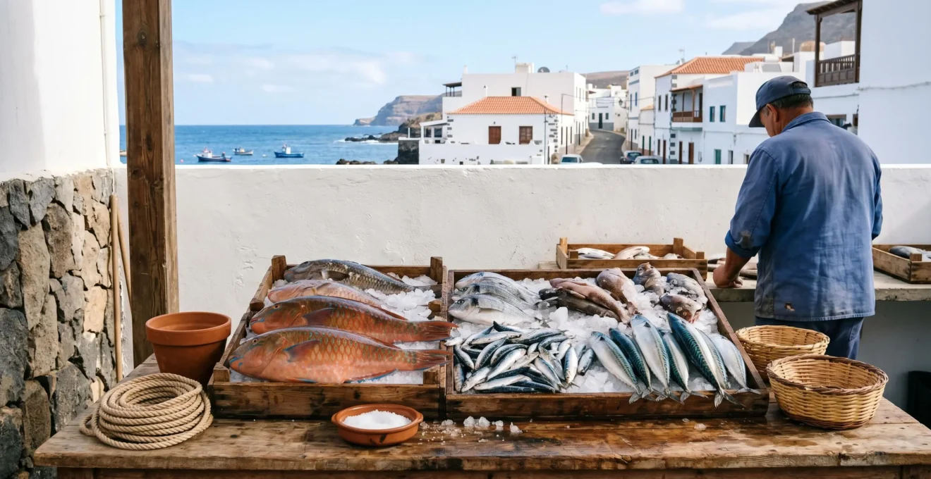 Fresh local fish display at traditional Tenerife fishing market showcasing sustainable seafood catch