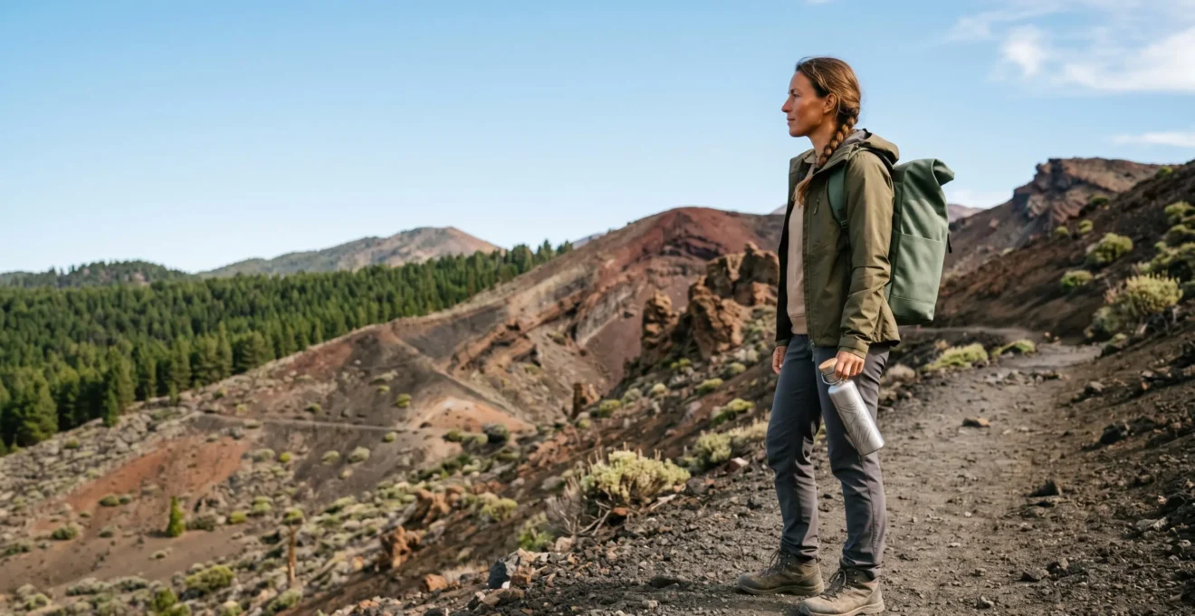A sustainable traveler exploring Tenerife's volcanic landscape with minimal environmental impact